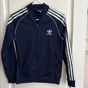Adidas Unisex Dark Blue Track Jacket with White Stripes